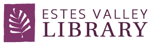 Link to Home Page. Estes Valley Library logo, horizontal, a white pinecone on a purple rectangle and the text "Estes Valley Library"