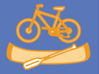 Stylized icons of a mountain bike and a canoe, yellow on a blue background