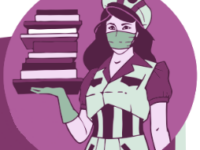 A snazzy-dressed librarian with a medical mask delivers a tray full of books