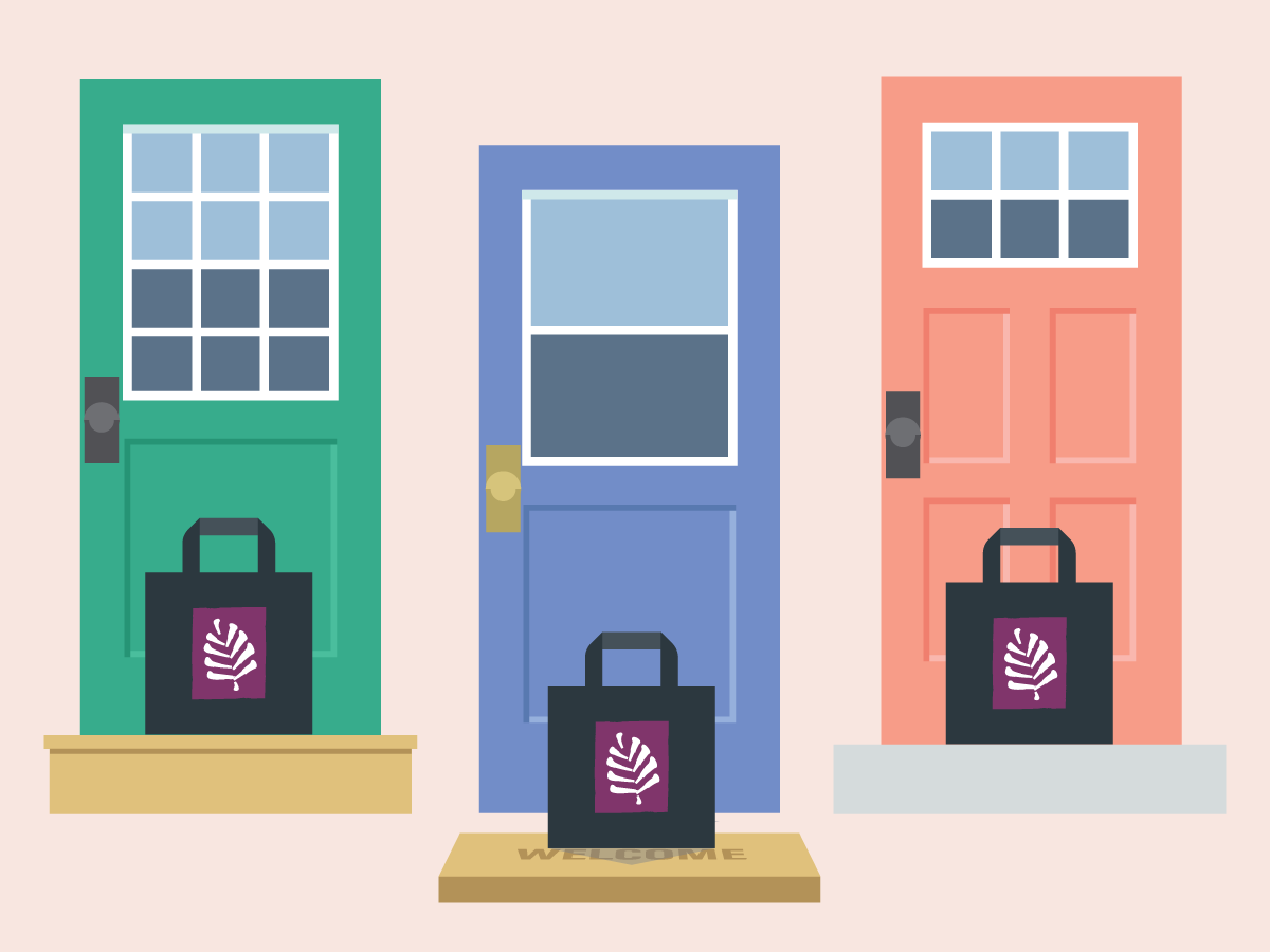 Three pastel colored doors, green, blue, and pink, with tote bags bearing the Estes Valley Library logo sitting on the welcome mat.