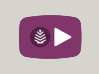 stylized tv screen shape with Library pinecone logo and play button