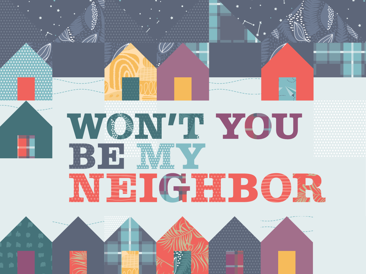 Quilt design of a neighborhood of houses under the stars: Won't you be my neighbor