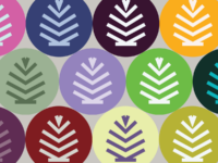 Twelve bright colored graphic circles with contrasting pine cone logo in the center of each.