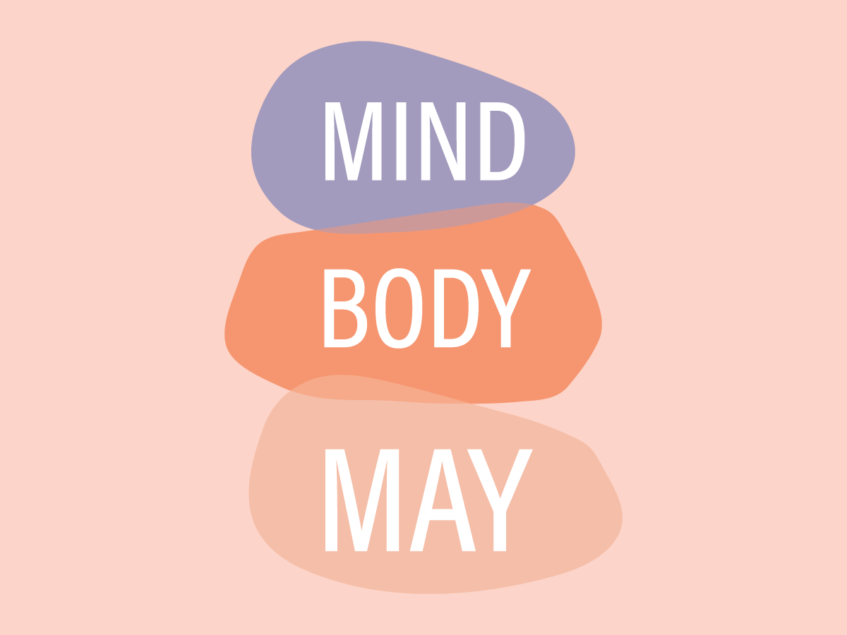 Drawing of three zen-like flat stones stacked, with the words "Mind, Body, May" in the center of each