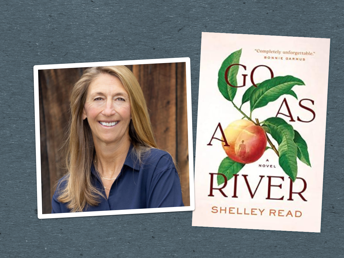Two images, one is a headshot of a woman with long blonde hair (author Shelley Read) alongside the cover of her book, Go As A River, which features a fresh peach on a tree limb with leaves.