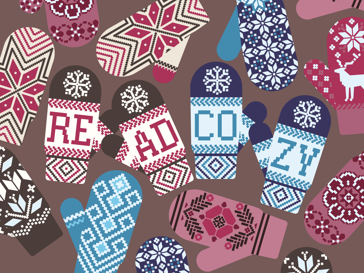 An illustration of colorful, knitted winter mittens with the words "Read" and "Cozy" embroidered on two pairs.