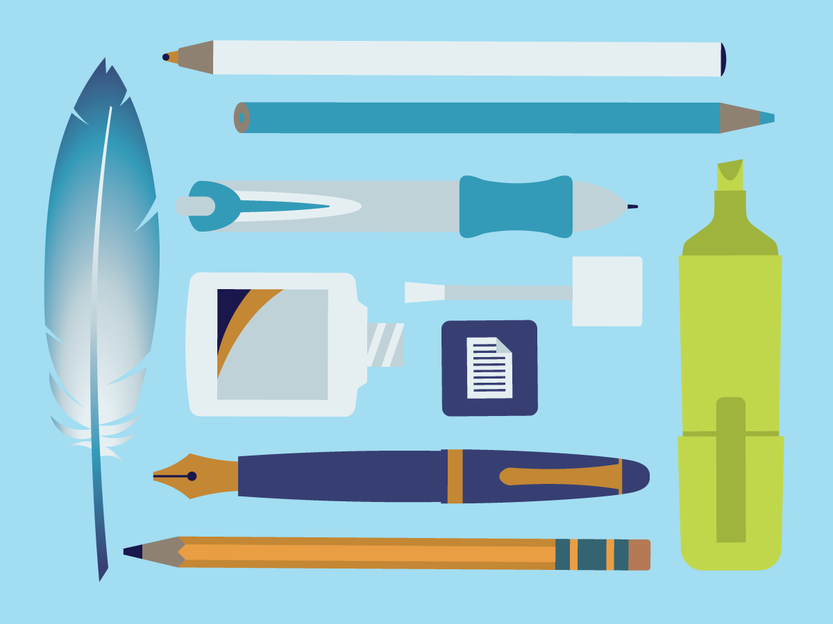 A blue background with drawings of various writing utensils, including pens, pencils, highlighters, and even a quill.