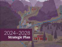 Cover of the Estes Valley Library 2025-2028 strategic plan, with a simple illustration of downtown Estes Park seen from above