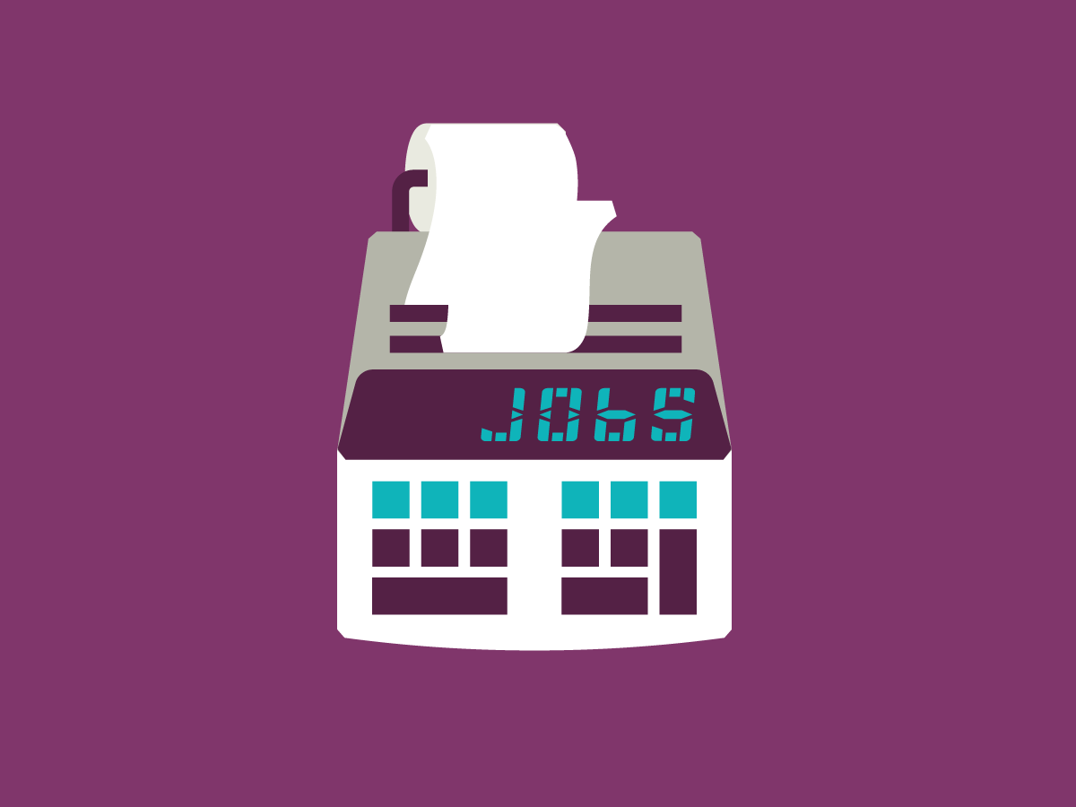 Purple background with an adding machine graphic in the center, and the display reads "Jobs."