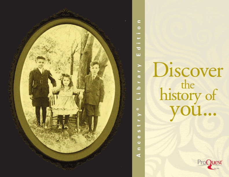 Vintage oval photograph of three children with the text Ancestry Library Edition - Discovery the History of You - ProQuest