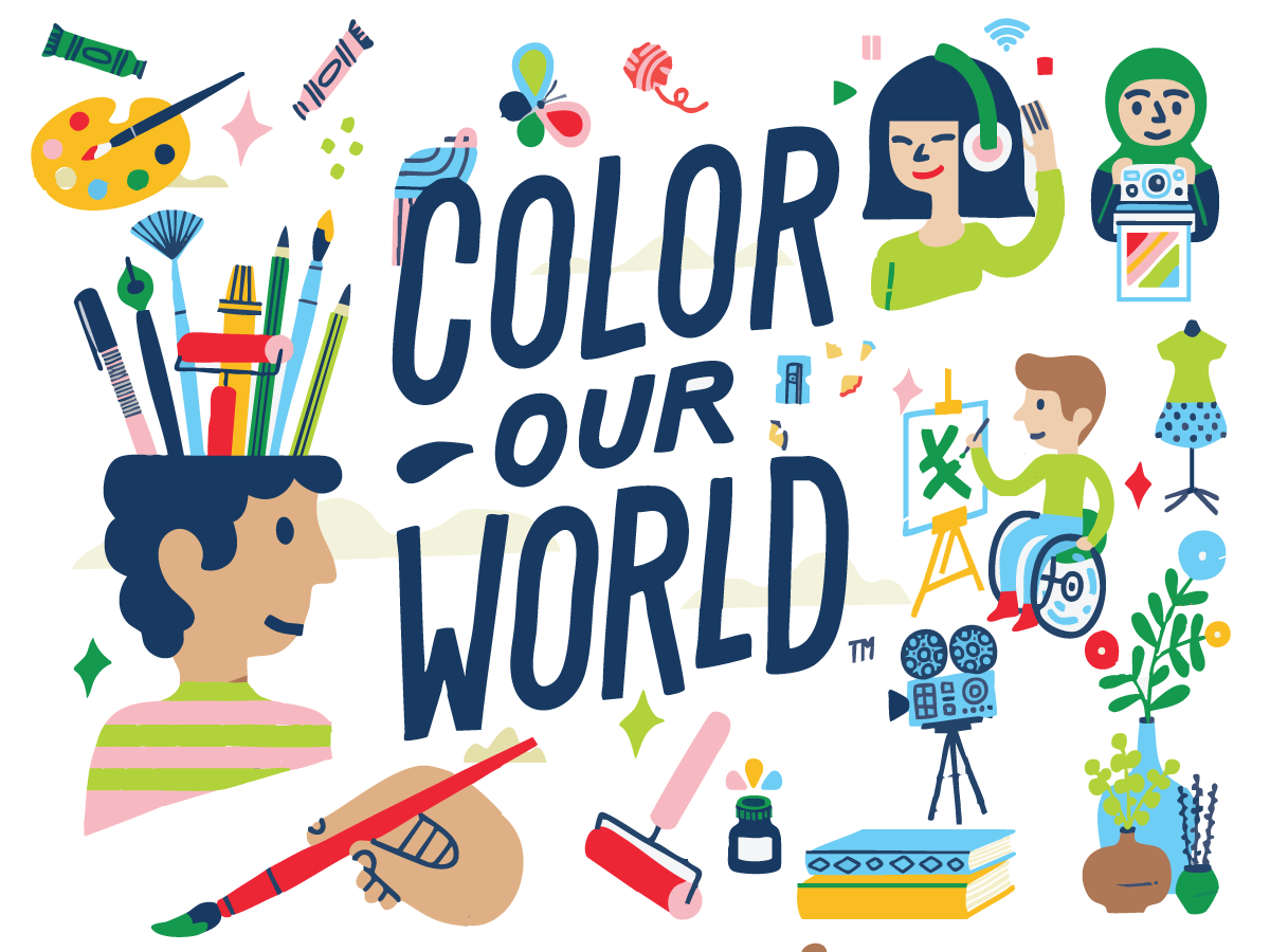 Block text reading "Color Our World" with colorful illustrations of arts, crafts, and artists.